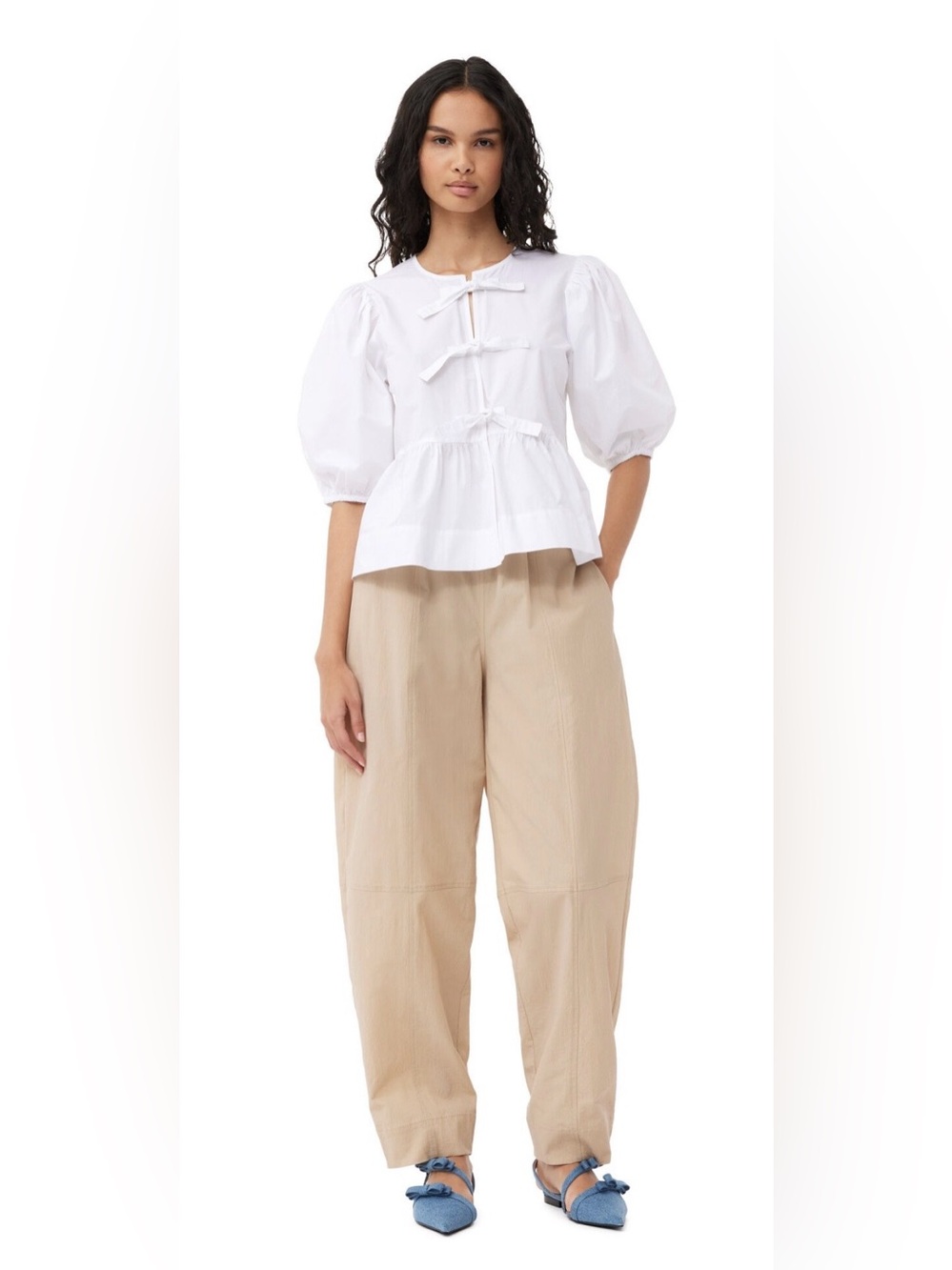 Ganni Curve Taper-Leg Beige Elasticated Trousers